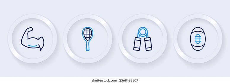 Set line American Football ball, Sport expander, Tennis racket and Bodybuilder showing his muscles icon. Vector