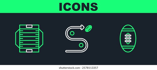 Set line American Football ball, football field and Planning strategy concept icon. Vector