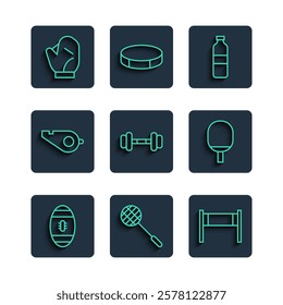 Set line American Football ball, Tennis racket, Volleyball net, Bottle of water, Dumbbell, Whistle, Baseball glove and Racket for playing table tennis icon. Vector