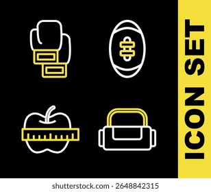Set line American Football ball, Sport bag, Apple and measuring tape and Boxing glove icon. Vector
