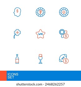 Set line American football betting money, Wine glass, Bottle of wine, Casino chips exchange, slot machine with clover,  and  icon. Vector