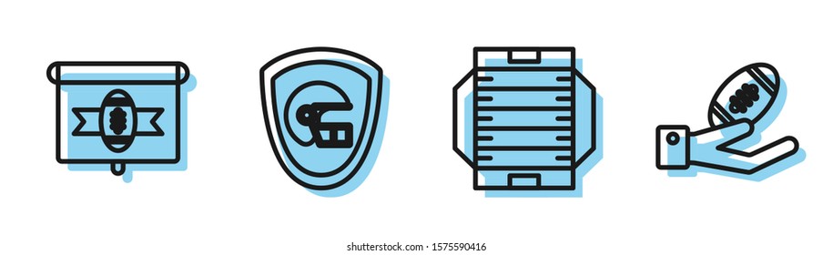 Set line American football field, American football on tv program, American football helmet and shield and American Football ball on hand icon. Vector