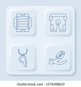 Set line American football field, American football shorts, Whistle and American Football ball on hand. White square button. Vector