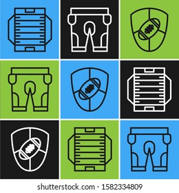 Set line American football field, American Football ball and shield and American football shorts icon. Vector