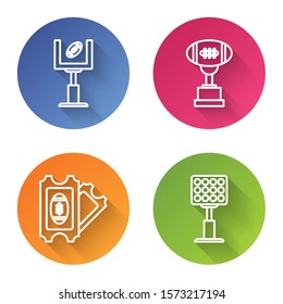 Set line American football goal post and football ball, Award cup and American football ball, American Football ticket and Bright stadium lights. Color circle button. Vector