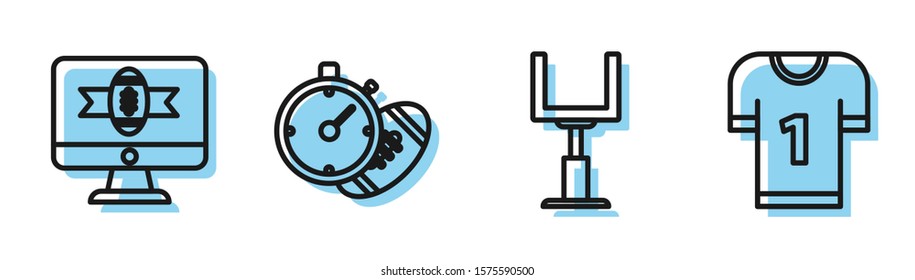 Set line American football goal post, American football on tv program, American Football ball and stopwatch and American football jersey icon. Vector