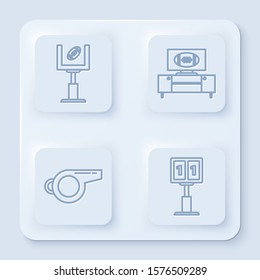 Set line American football goal post and football ball, American football on tv program and stand, Whistle and Sport football mechanical scoreboard and result display. White square button. Vector