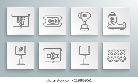 Set line American football goal post and football ball, Football ticket, on tv program, Planning strategy concept, Award cup, Soccer or shoes with spikes and  icon. Vector