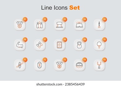 Set line American football goal post, Bicycle helmet, Medal, Football, Kayak and paddle, Racket, Weight and field icon. Vector