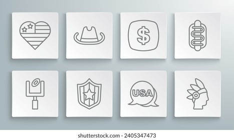 Set line American football goal post, Western cowboy hat, Shield with stars, USA Independence day, Native Indian, Dollar symbol, Hotdog sandwich and  icon. Vector