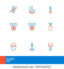 Set line American football goal post, Chess, Baseball helmet, Punching bag, Medal, Dart arrow and Skates icon. Vector