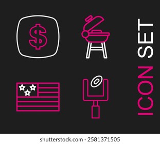 Set line American football goal post, flag, Barbecue grill and Dollar symbol icon. Vector