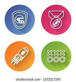 Set line American football helmet and shield, American Football ball with medal, American Football ball and Planning strategy concept. Color circle button. Vector