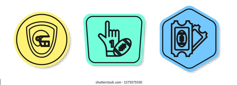 Set line American football helmet and shield, Number 1 one fan hand glove with finger raised and american football ball and American Football ticket. Colored shapes. Vector