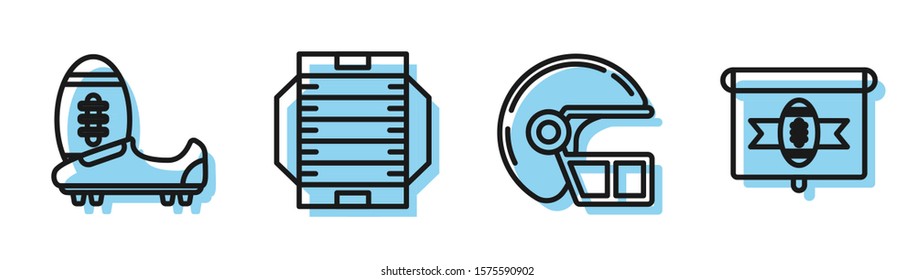 Set line American football helmet, Soccer or football shoes with spikes, American football field and American football on tv program icon. Vector