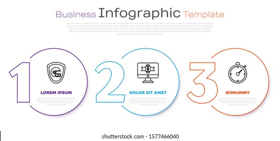 Set line American football helmet and shield, American football on tv program and Stopwatch. Business infographic template. Vector
