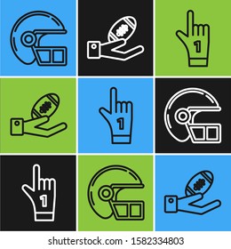 Set line American football helmet, Number 1 one fan hand glove with finger raised and American Football ball on hand icon. Vector