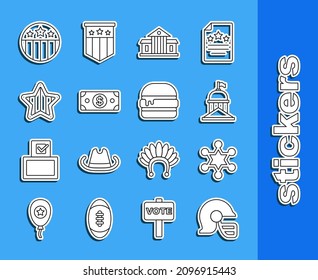 Set line American football helmet, Hexagram sheriff, White House, Stacks paper money cash, USA Independence day, Medal with star and Burger icon. Vector