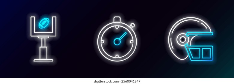 Set line American football helmet, goal post and and Stopwatch icon. Glowing neon. Vector