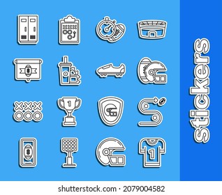 Set line American football jersey, ticket paper glass soda with drinking straw, tv program, Locker or changing room for football, basketball team or workers and Soccer shoes spikes icon. Vector