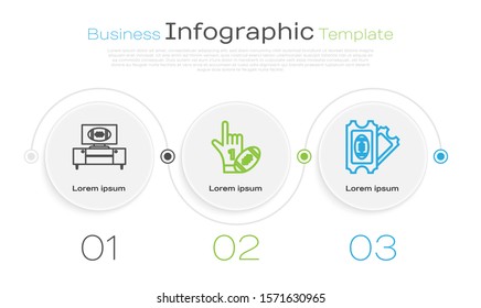 Set line American football on tv program and stand, Number 1 one fan hand glove with finger raised and american football ball and American Football ticket. Business infographic template. Vector