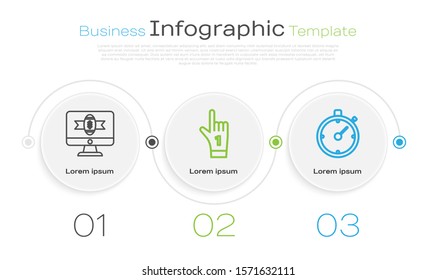 Set line American football on tv program, Number 1 one fan hand glove with finger raised and Stopwatch. Business infographic template. Vector