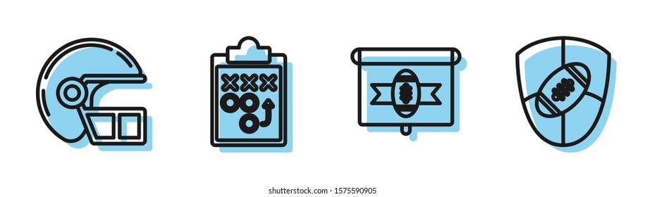 Set line American football on tv program, American football helmet, Planning strategy concept and American Football ball and shield icon. Vector