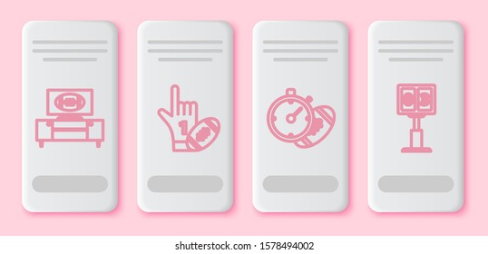 Set line American football on tv program, Number 1 one fan hand glove with finger raised and american football ball and stopwatch and Sport football mechanical scoreboard and result display. Vector