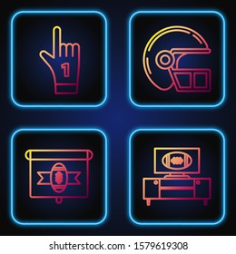 Set line American football on tv program and stand, American football on tv program, Number 1 one fan hand glove with finger raised and American football helmet. Gradient color icons. Vector