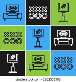 Set line American football on tv program and stand, American football goal post and football ball and Planning strategy concept icon. Vector