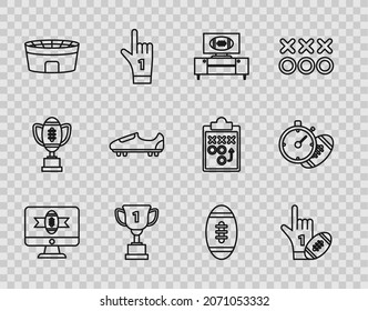 Set line American football on tv program, Number 1 one fan hand glove with finger raised and american, stand, Award cup, Football stadium, Soccer or shoes spikes,  and stopwatch icon. Vector