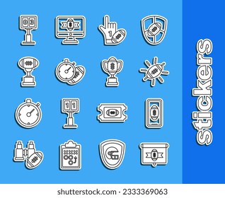 Set line American football on tv program, Football, Number 1 fan hand glove finger raised and, stopwatch, Award cup, Sport mechanical scoreboard result display and  icon. Vector