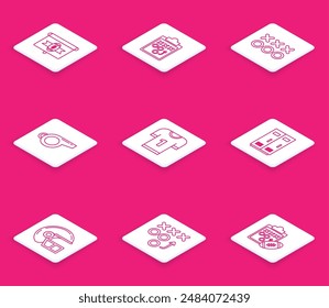 Set line American football on tv program, Planning strategy concept, Whistle, jersey, Locker or changing room for football, basketball team or workers, helmet and  icon. Vector