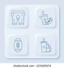 Set line American football shorts, Number 1 one fan hand glove with finger raised and american football ball, American Football ball and American Football ticket and paper glass soda. Vector
