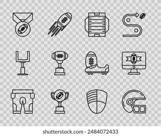 Set line American football shorts, helmet, field, Award cup and, Football with medal, club logo template and on tv program icon. Vector