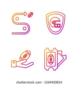 Set line American Football ticket, American Football ball on hand, Planning strategy concept and American football helmet and shield. Gradient color icons. Vector
