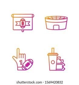 Set line American Football ticket and paper glass soda with drinking straw, Number 1 one fan hand glove with finger raised, American football on tv program and stadium. Gradient color icons. Vector