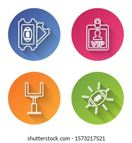 Set line American Football ticket, VIP badge, American football goal post and American Football ball. Color circle button. Vector