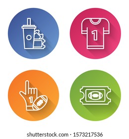 Set line American Football ticket and paper glass soda with drinking straw, American football jersey, Number 1 one fan hand glove with finger raised and football ball. Color circle button. Vector