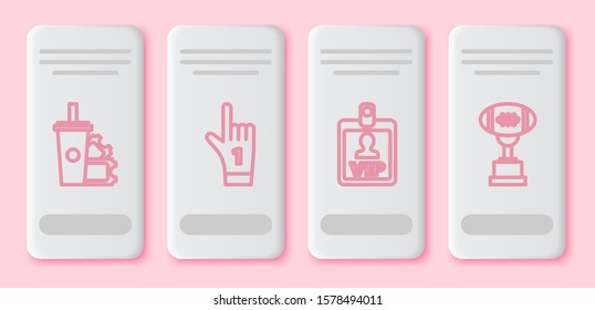 Set line American Football ticket and paper glass soda, Number 1 one fan hand glove with finger raised, VIP badge and Award cup and American football ball. White rectangle button. Vector