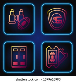 Set line American Football ticket, Locker or changing room for football, basketball team or workers, Binoculars and American football helmet and shield. Gradient color icons. Vector