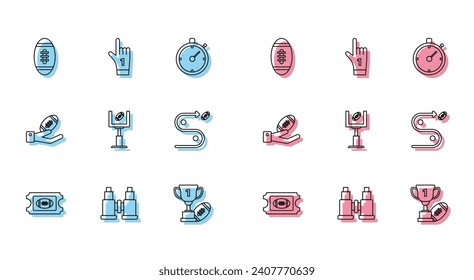 Set line American Football ticket, Binoculars, Award cup and football, goal post, Planning strategy concept, hand and Number 1 one fan glove with finger raised icon. Vector