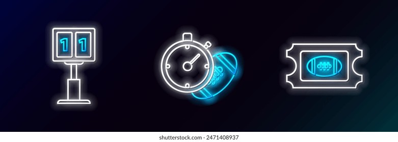 Set line American Football ticket, Sport football mechanical scoreboard and result display and stopwatch icon. Glowing neon. Vector