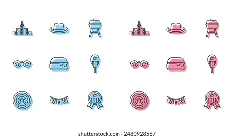 Set line American star shield, Carnival garland with flags, City landscape, Medal, Burger, Balloons, Glasses stars and Western cowboy hat icon. Vector