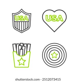 Set line American star shield, Potatoes french fries in box, USA Independence day and Shield with stars icon. Vector