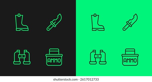 Set line Ammunition box, Binoculars, Waterproof rubber boot and Hunter knife icon. Vector