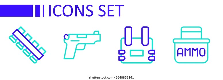 Caja de munición, chaleco antibalas, pistola o pistola e icono de cinturón de cartucho de caza. Vector