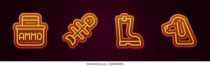 Set-Line-Munition Box, Dead Fisch, wasserdichte Gummi-Stiefel und Jagdhund. Leuchtendes Neonsymbol. Vektorgrafik