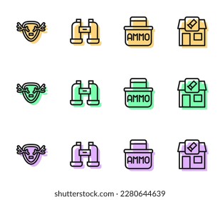 Set line Ammunition box, Deer antlers shield, Binoculars and Hunting shop icon. Vector