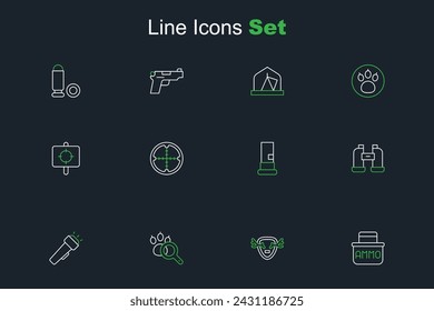 Set line Ammunition box, Deer antlers shield, Paw search, Flashlight, Binoculars, Cartridges, Sniper optical sight and Target sport icon. Vector